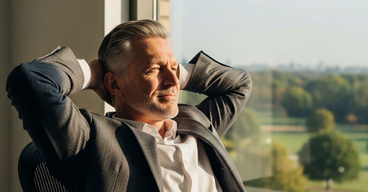 Confident financial advisor relaxing in office, symbolizing how Financial Gravity helps advisors build scalable businesses that thrive without their constant involvemen
