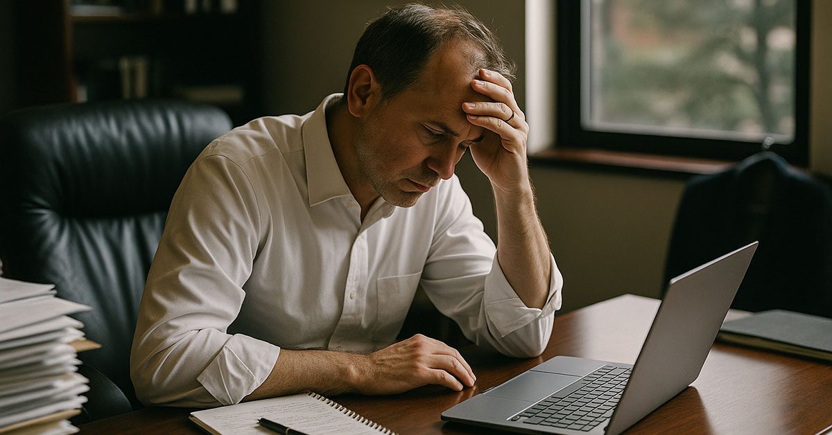 Exhausted financial advisor at cluttered desk, highlighting how Financial Gravity helps scale with systems, not stress.