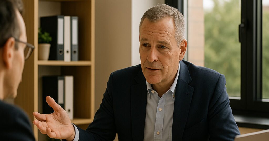 A seasoned financial advisor in his late 50s speaks with a client across a desk, confidently guiding a conversation about long-term financial strategy and control.