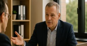 A seasoned financial advisor in his late 50s speaks with a client across a desk, confidently guiding a conversation about long-term financial strategy and control.