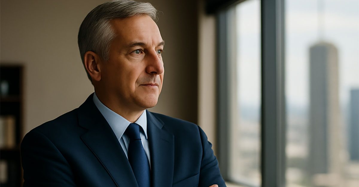 Financial advisor in modern office looking out window, symbolizing the CEO mindset Financial Gravity helps advisors achieve.