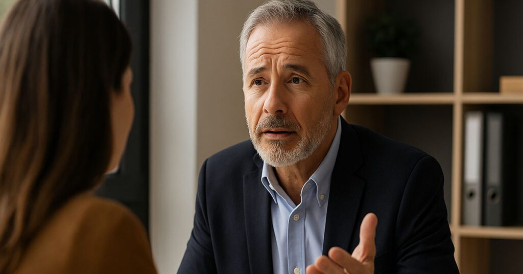 Financial advisor meeting with a client, focusing on building trust and connection, representing Financial Gravity’s support in helping advisors outperform AI through human empathy.