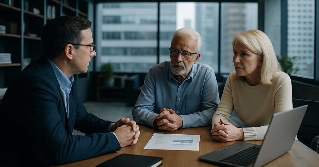 Financial Gravity Family Office Director meeting with clients in a modern office, highlighting the firm’s turnkey multi-family office support model.