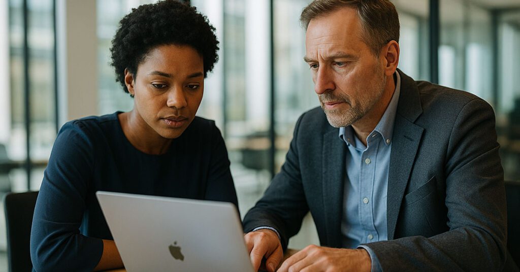 Two financial professionals reviewing data on a laptop in a bright office, illustrating how technology enhances firm value through Financial Gravity.