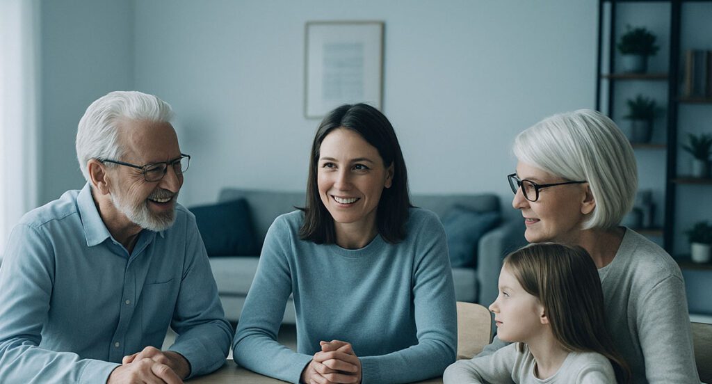 A multi-generational family planning together at home, symbolizing how Financial Gravity helps advisors guide clients through a 100-year life.