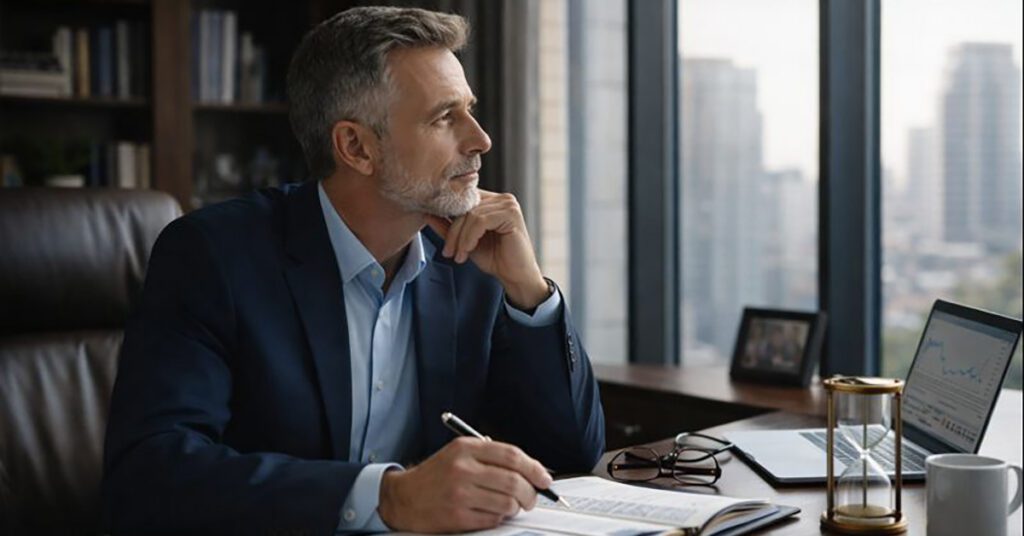 A seasoned financial advisor works at his desk in a private office, focused on long-term planning and thoughtful decision-making.
