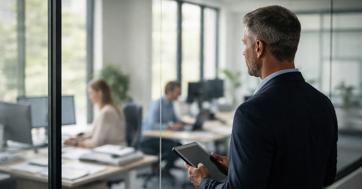 A male financial advisor stands behind a glass wall observing his operations team working at their desks in a modern office.