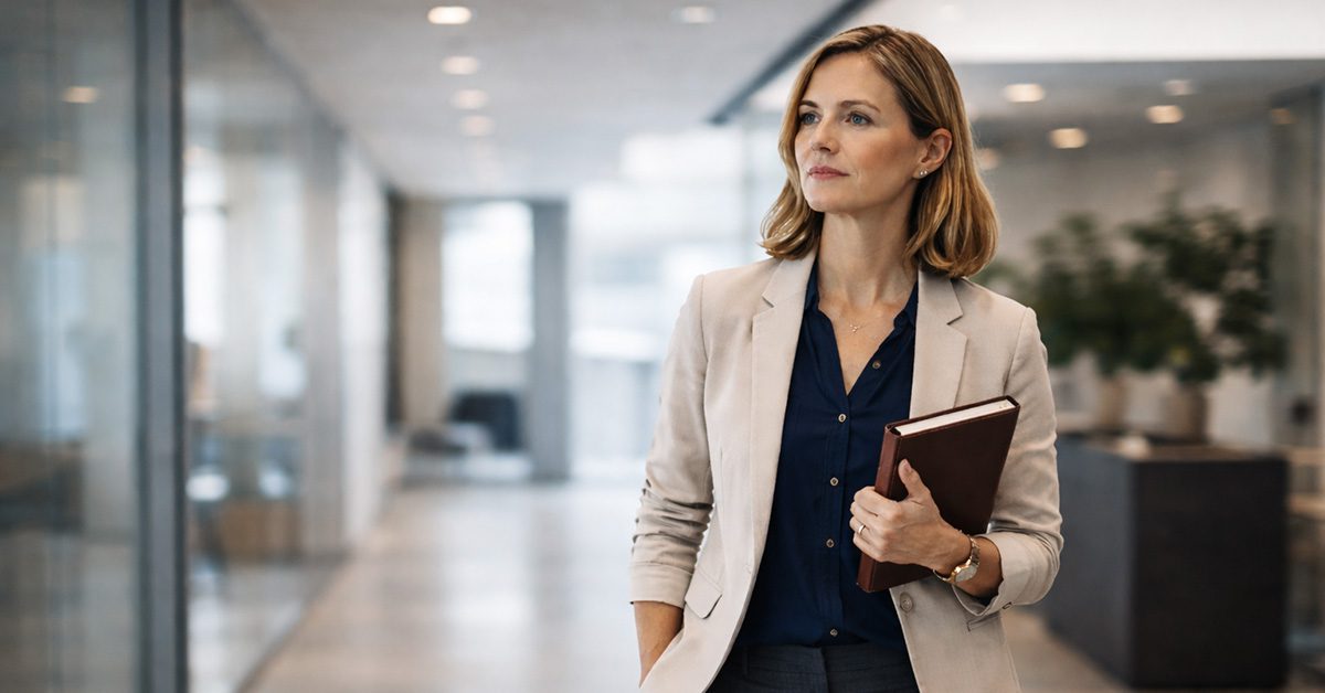 A professional female financial advisor walks through a bright office corridor with a notebook in hand, calm and unhurried, signaling protected time between meetings.
