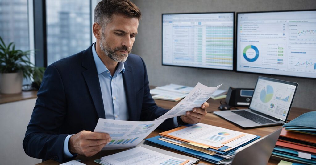 A financial advisor reviews multiple client files and screens in a modern office, managing complex workflows.