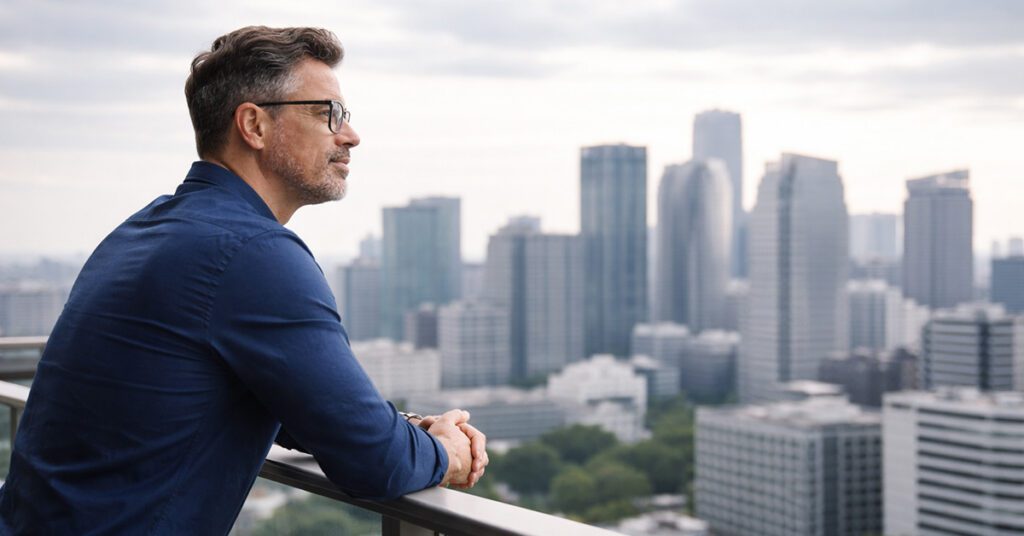 A financial advisor stands on a balcony overlooking a city skyline, pausing to reflect on business direction and growth.
