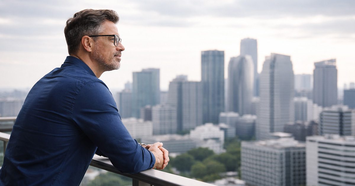 A financial advisor stands on a balcony overlooking a city skyline, pausing to reflect on business direction and growth.