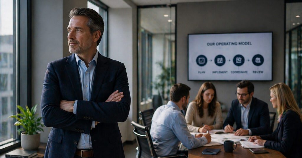 A financial advisor stands apart from a team working at a table, observing operations in a modern office.
