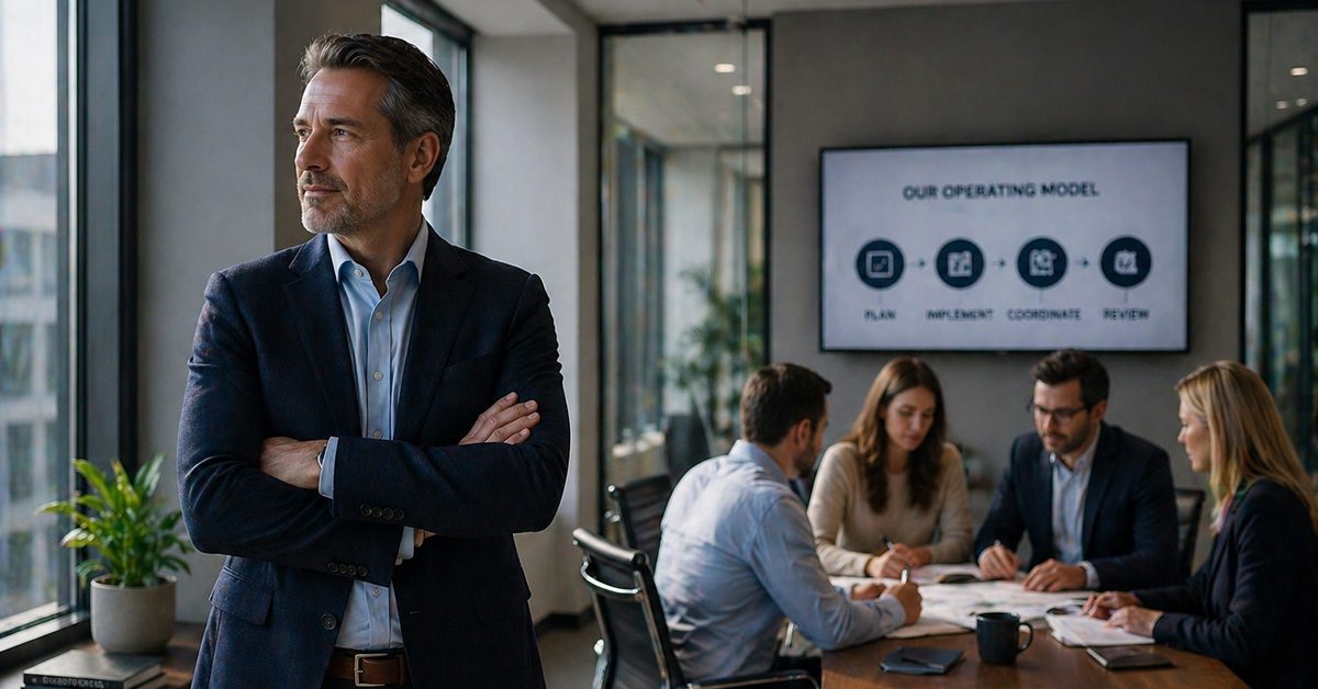 A financial advisor stands apart from a team working at a table, observing operations in a modern office.