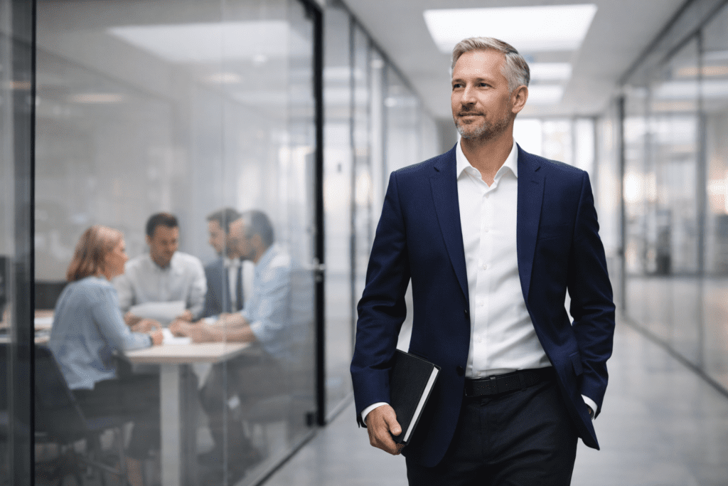 A financial advisor walks confidently through a modern office corridor while a team collaborates behind glass in the background.