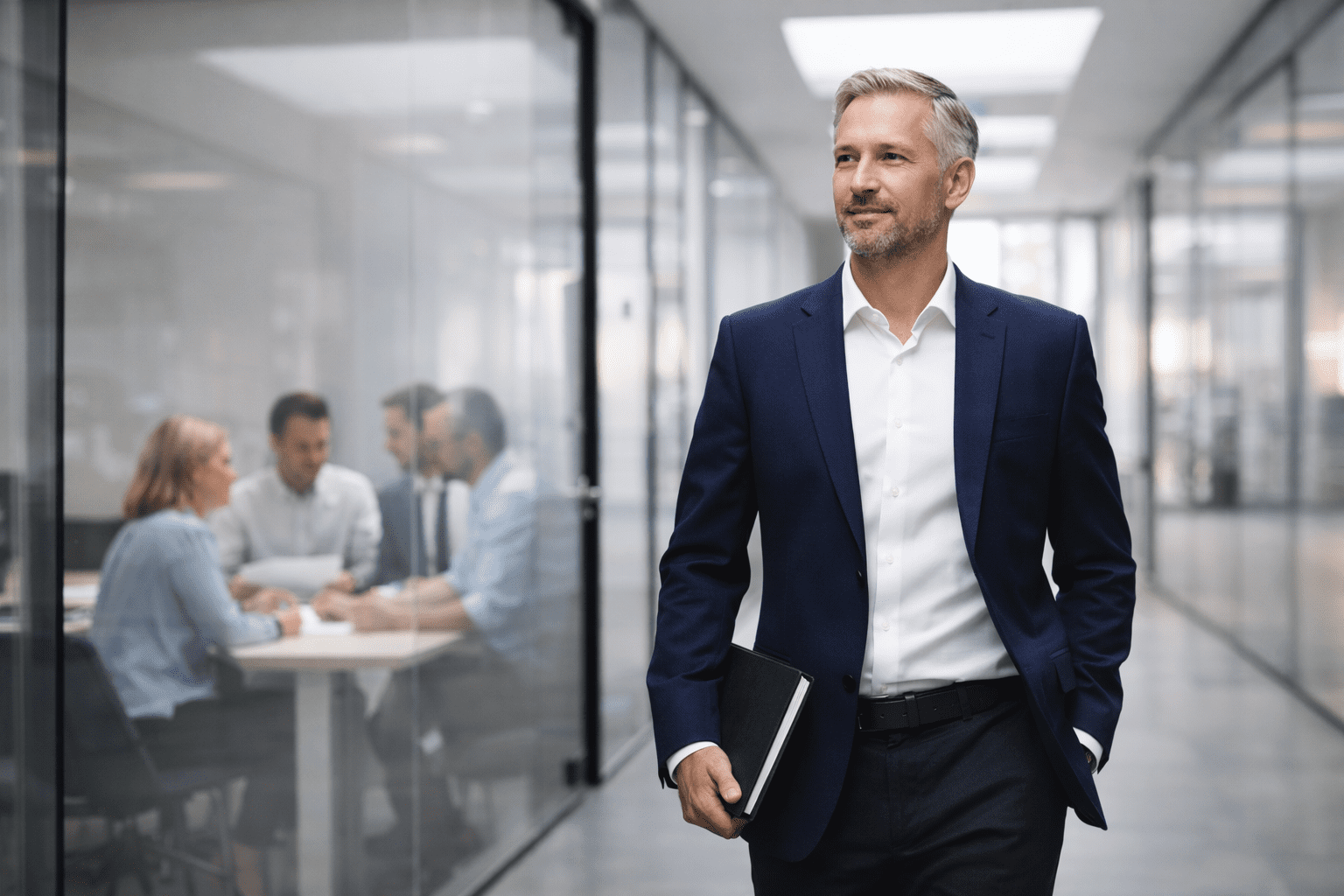 A financial advisor walks confidently through a modern office corridor while a team collaborates behind glass in the background.