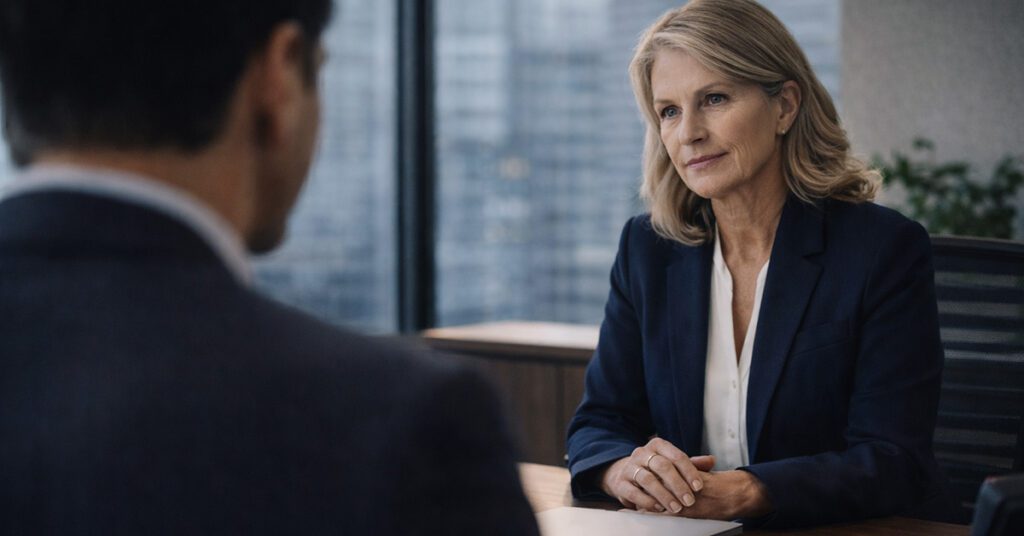 A financial advisor meets with a client in a private office, maintaining a calm and secure environment during a discussion.