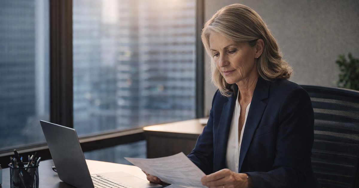 A financial advisor works quietly at a desk in a modern office, reviewing client information with focus and precision.