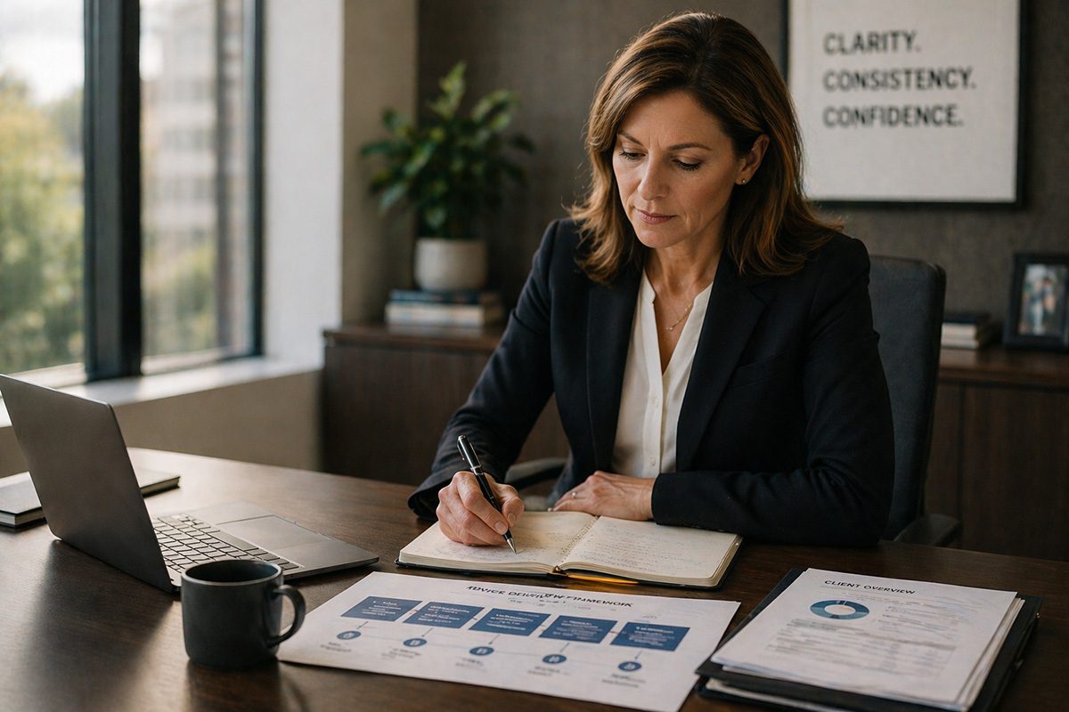 A financial advisor sits at a desk reviewing notes and structured planning documents in a modern office.