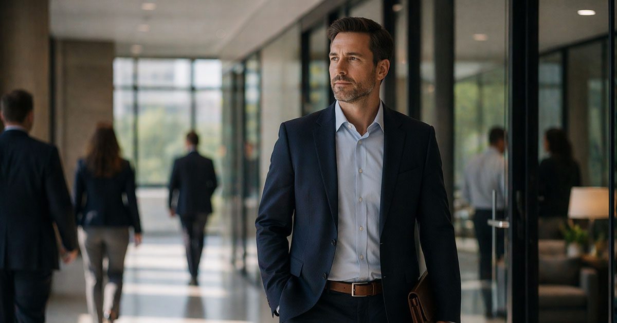 A financial advisor walks confidently through a modern office space, moving with purpose toward a new direction.