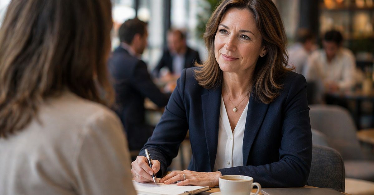 A financial advisor meets one client in a café setting, focused on a thoughtful conversation while others remain in the background.