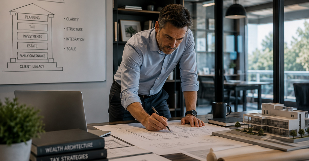 A financial advisor reviews architectural-style plans and business frameworks while designing operational systems in a modern office.