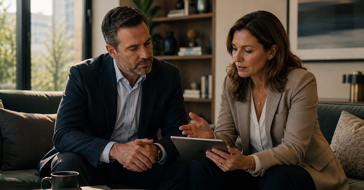 A financial advisor and client sit together in a modern office lounge discussing financial planning strategies on a tablet
