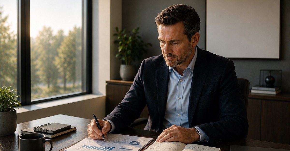 A financial advisor reviews tax planning documents at a desk during an early morning strategy session.
