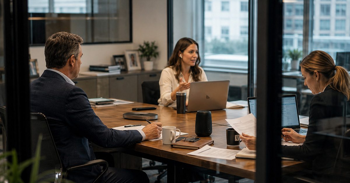 A financial advisor works alongside team members who independently manage client and operational responsibilities in a modern office.