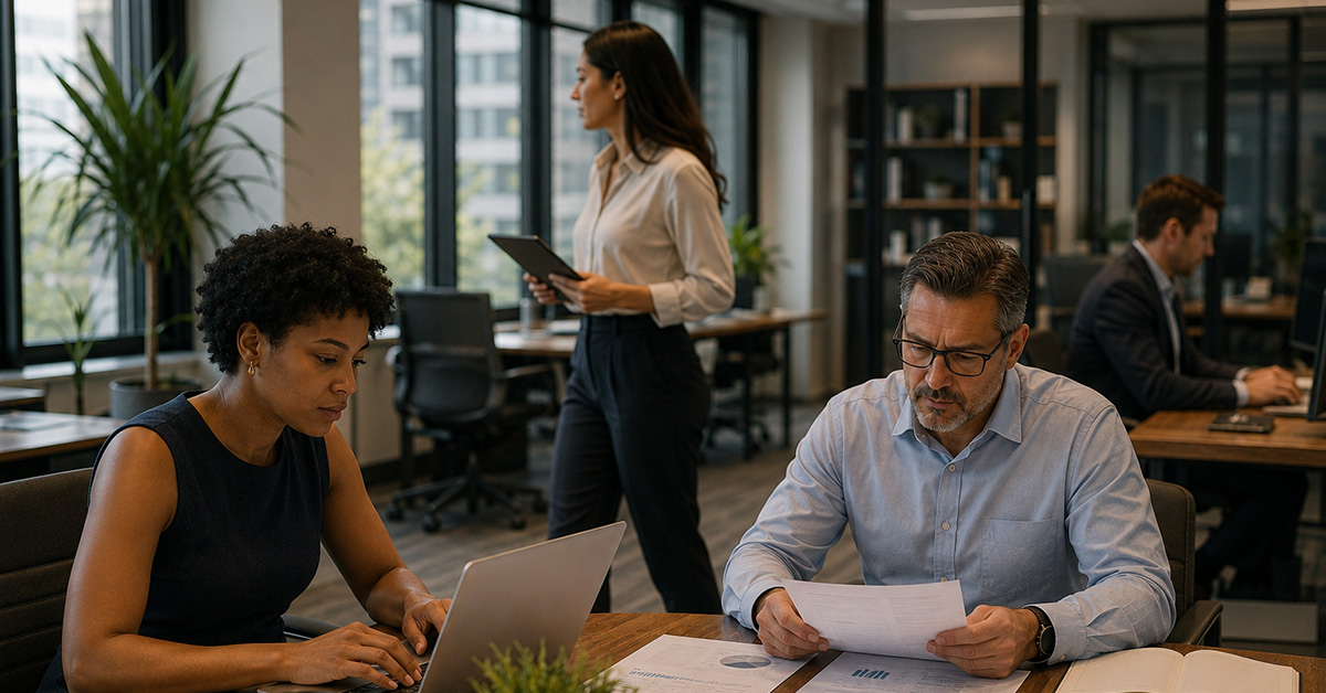 A diverse team of financial professionals collaborates in a modern office while reviewing reports and planning initiatives.