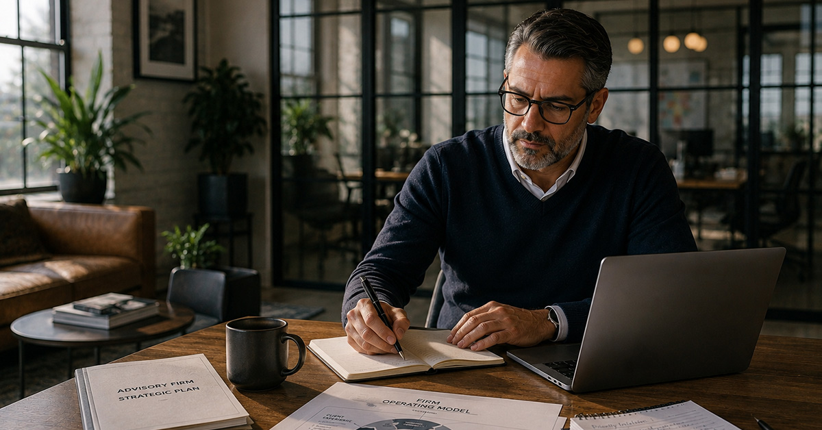 A financial advisor works thoughtfully at a desk in a modern office while reviewing planning and operational documents.