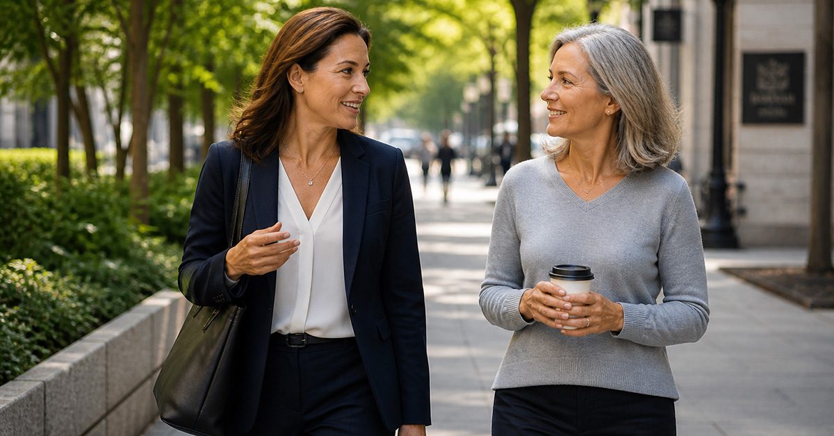 A financial advisor walks alongside a client outdoors, engaged in a relaxed, ongoing conversation.