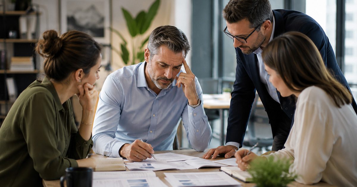 An advisory team collaborates around a conference table while a senior advisor works through decisions and workflow planning.