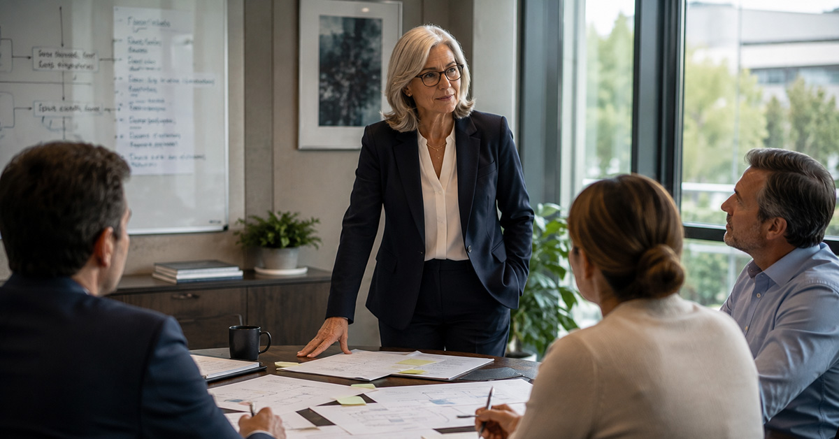 An experienced financial advisor leads a strategic planning discussion with her team in a modern conference room.