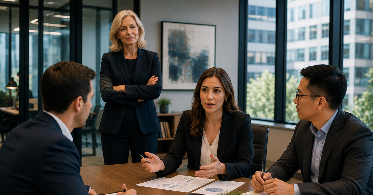 A senior financial advisor observes as younger team members lead a client discussion in a modern office.