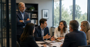A senior financial advisor observes younger advisors confidently leading a client strategy meeting in a modern conference room.