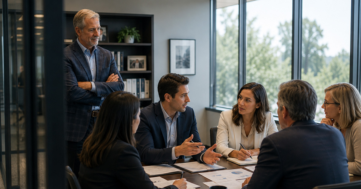 A senior financial advisor observes younger advisors confidently leading a client strategy meeting in a modern conference room.