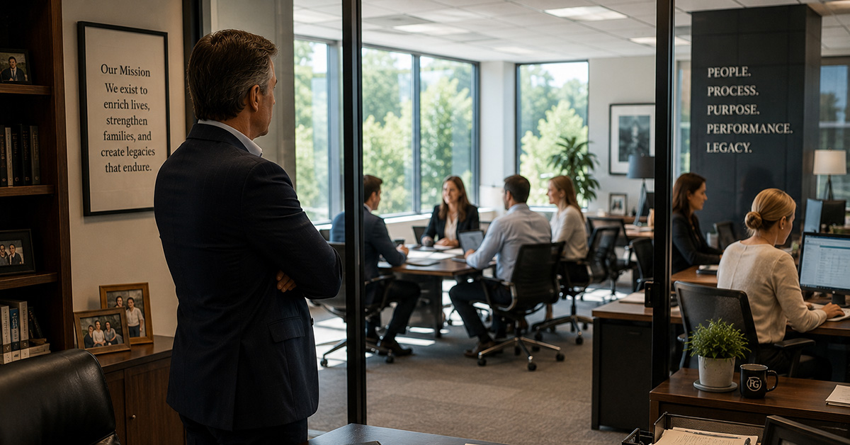 An experienced financial advisor observes a thriving office where team members collaborate independently across multiple client and operational functions.