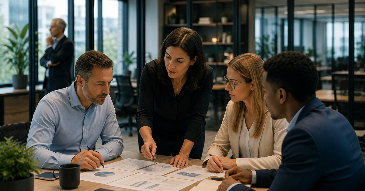 A younger financial advisor leads a team discussion while a senior advisor observes from the background of a modern office.