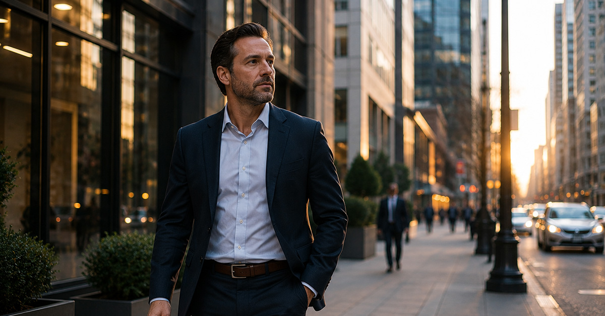 A financial advisor walks through a downtown business district on his way to work early in the morning.