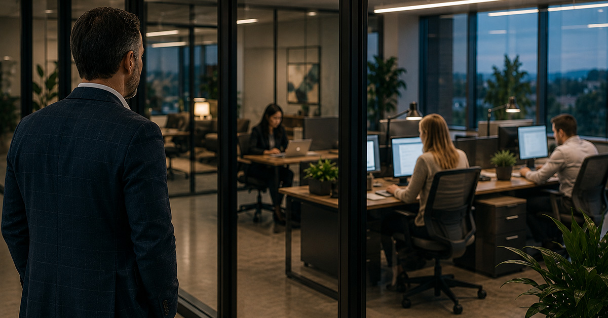 A financial advisor stands in a modern office observing an organized and efficient workplace environment.