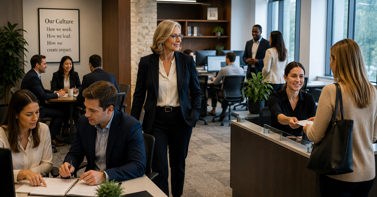 An experienced financial advisor walks through a collaborative office where team members consistently deliver a shared client experience.
