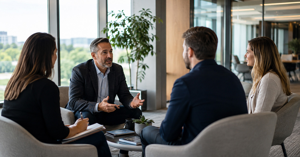 A financial advisor and colleague meet with a couple in a modern office to discuss coordinated planning and long-term goals.