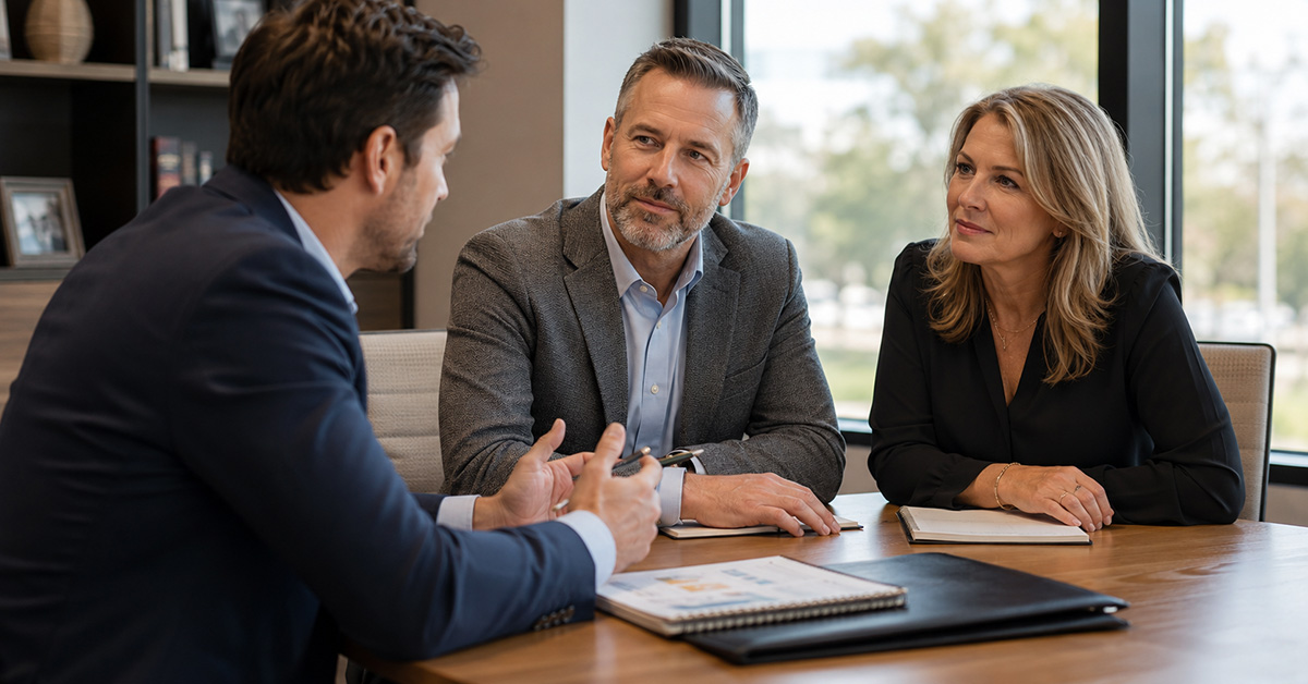 A financial advisor meets with a couple in a modern office, guiding a focused discussion about their financial future.