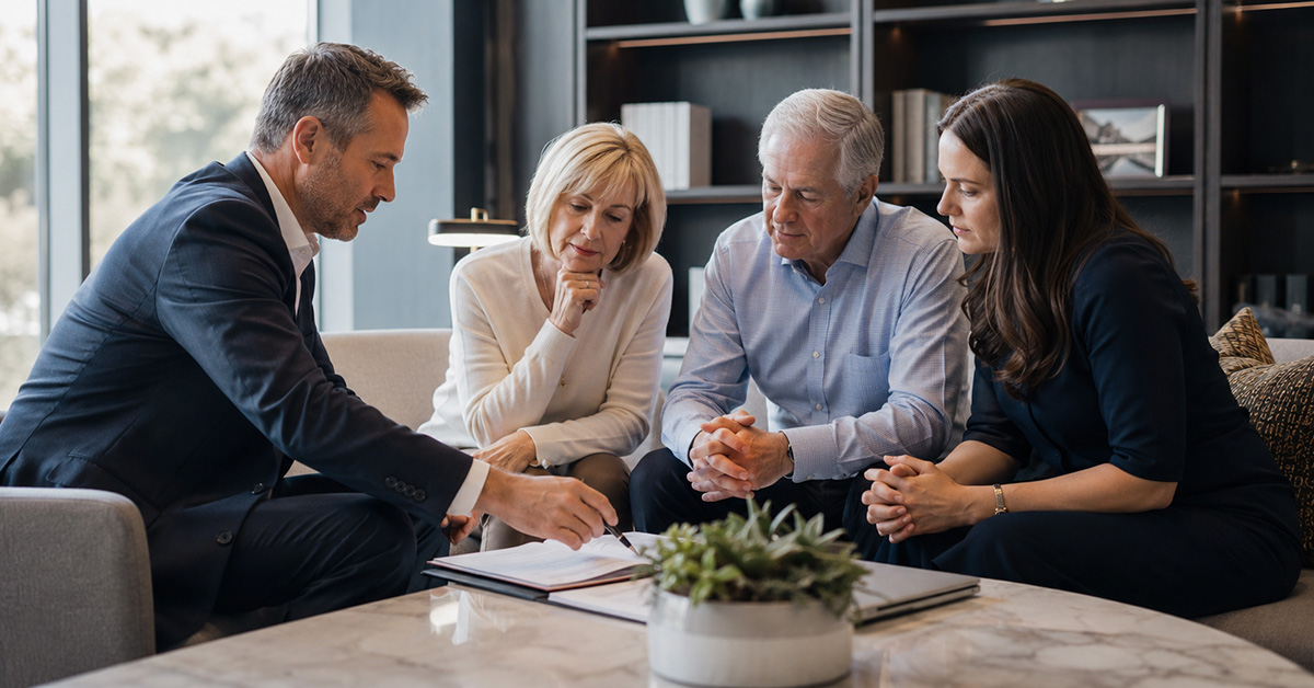 A financial advisor and a female specialist review planning documents with an older couple in a modern office.
