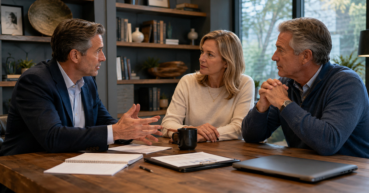 A financial advisor meets with a couple in a modern office, guiding a thoughtful discussion focused on simplifying their financial planning.