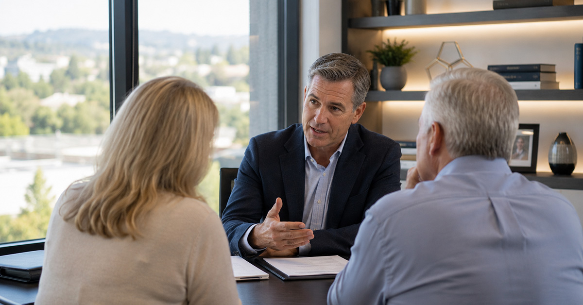 A financial advisor meets with a couple in a modern office, discussing long-term financial planning in a collaborative and attentive setting.