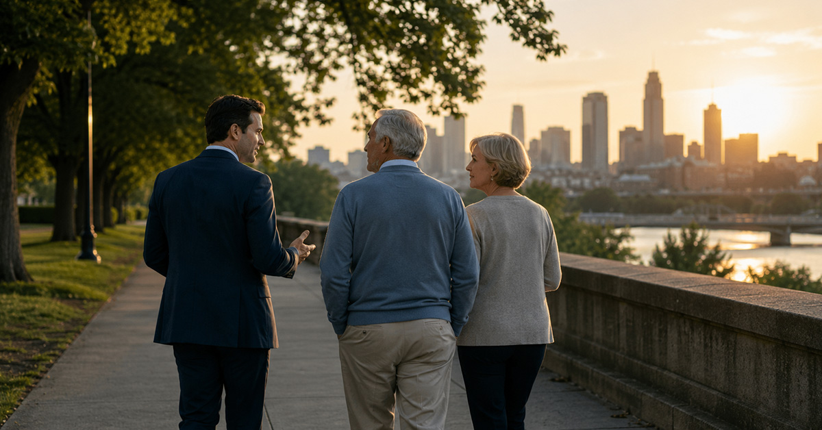 A financial advisor walks alongside a retired couple on a riverside path, engaged in a thoughtful conversation about their long-term financial future.