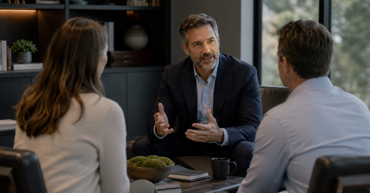 A financial advisor listens as a senior advisor introduces her to a longtime couple during a collaborative planning meeting.