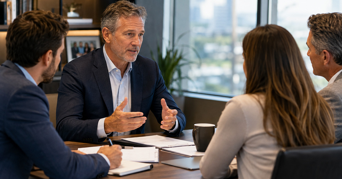 A financial advisor leads a thoughtful planning discussion with clients and a younger colleague in a modern wealth management office.