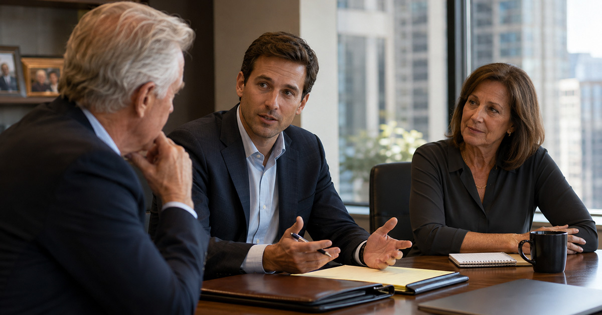 A younger financial advisor discusses long-term planning with a senior advisor and a client in a contemporary wealth management office.